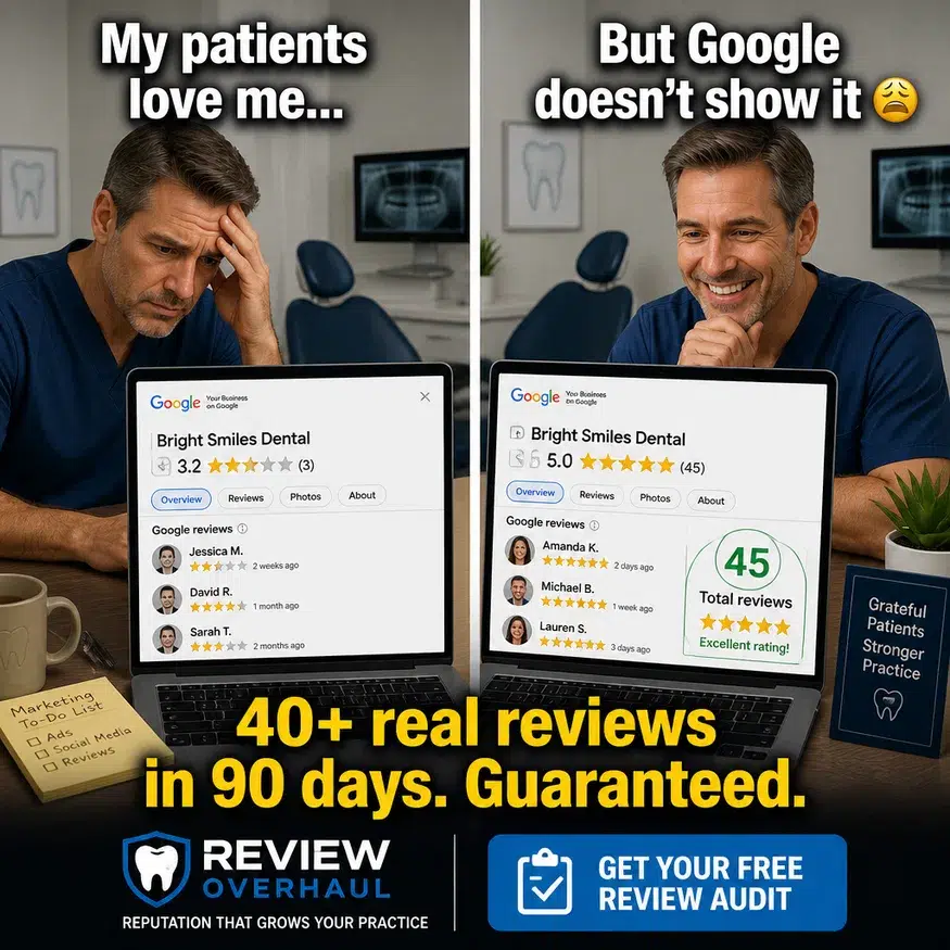 Dentist looking at computer and seeing customer reviews